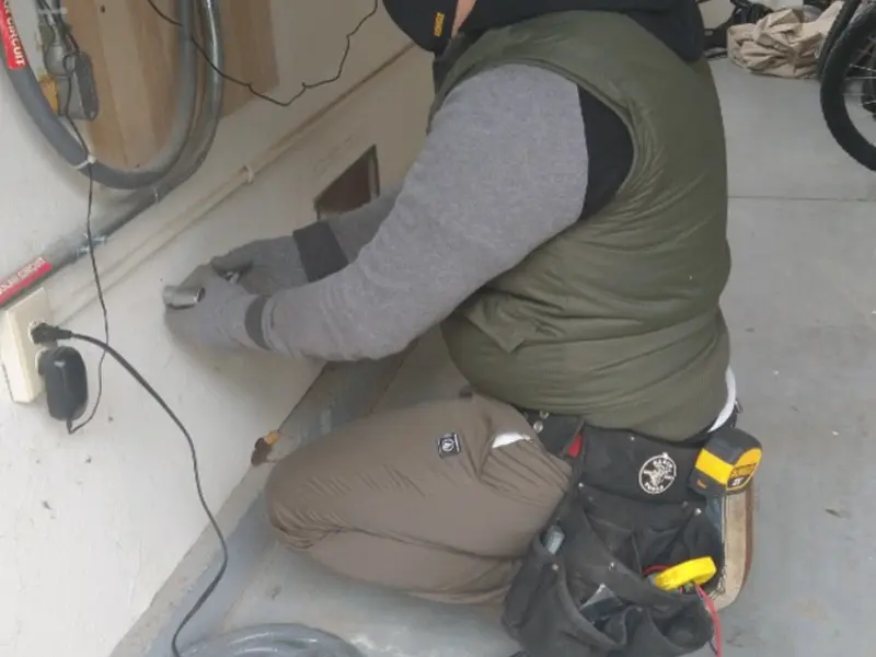 Electrician performing outlet wiring in a Orofino garage